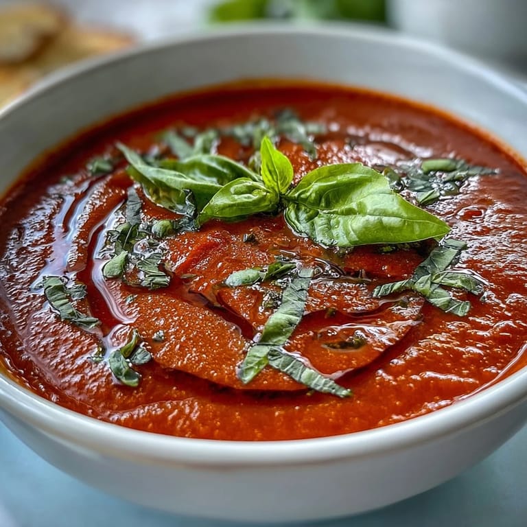 A rich, creamy Tomato and Basil Soup served in a rustic bowl with grilled cheese for dipping, showcasing a comforting Italian-inspired meal.