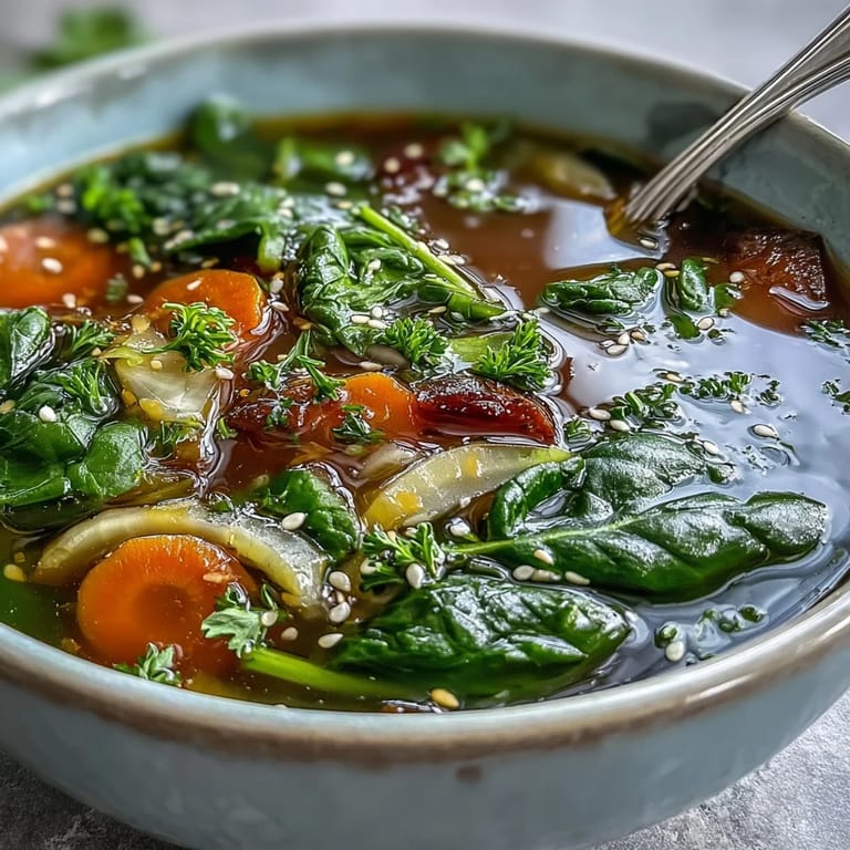 A nourishing serving of Collagen-Boosting Broth Bowl garnished with fresh parsley and sesame seeds, ready to enjoy.