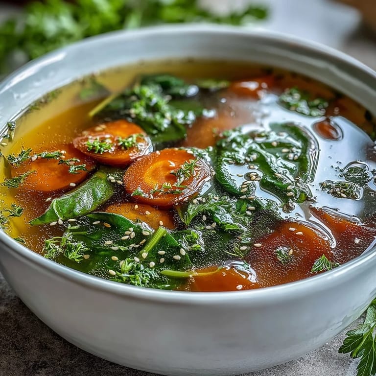 Close-up of a warm Collagen-Boosting Broth Bowl featuring crisp vegetables floating in a golden, anti-inflammatory broth.