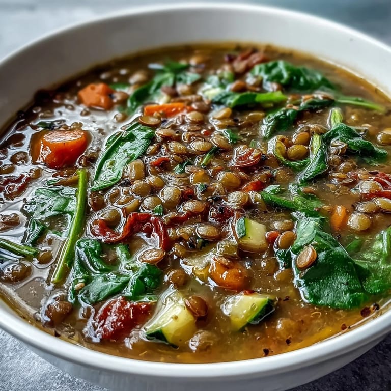 Spoon dipping into a warm bowl of Lentil and Vegetable Soup, with crusty bread ready for dipping nearby.