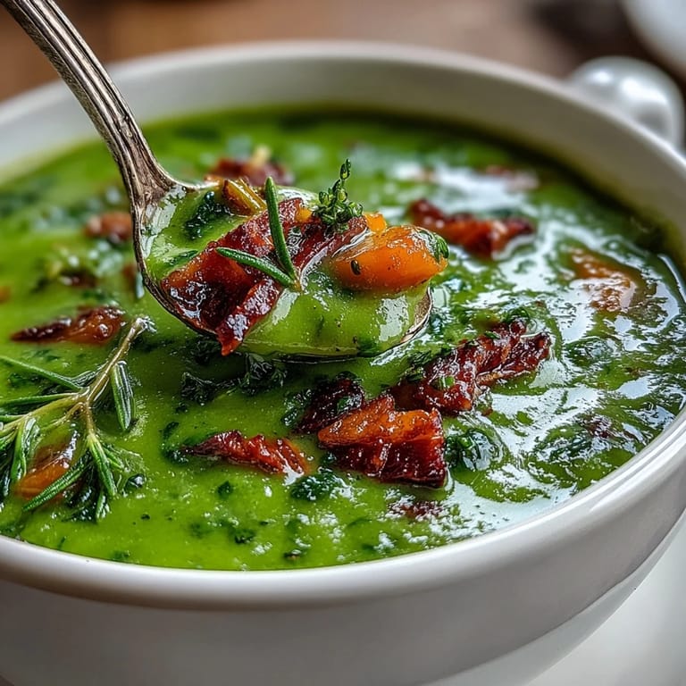 Split Pea Soup simmering in a pot, revealing soft green peas, diced carrots, and chunks of savory smoked ham.