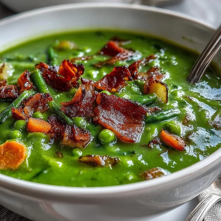 Hearty Split Pea Soup served in a rustic mug, with steam rising and a side of crusty bread.