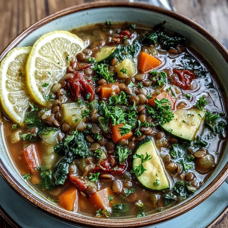 A ladle pouring savory Lentil Soup into a bowl, garnished with fresh parsley and lemon wedges.