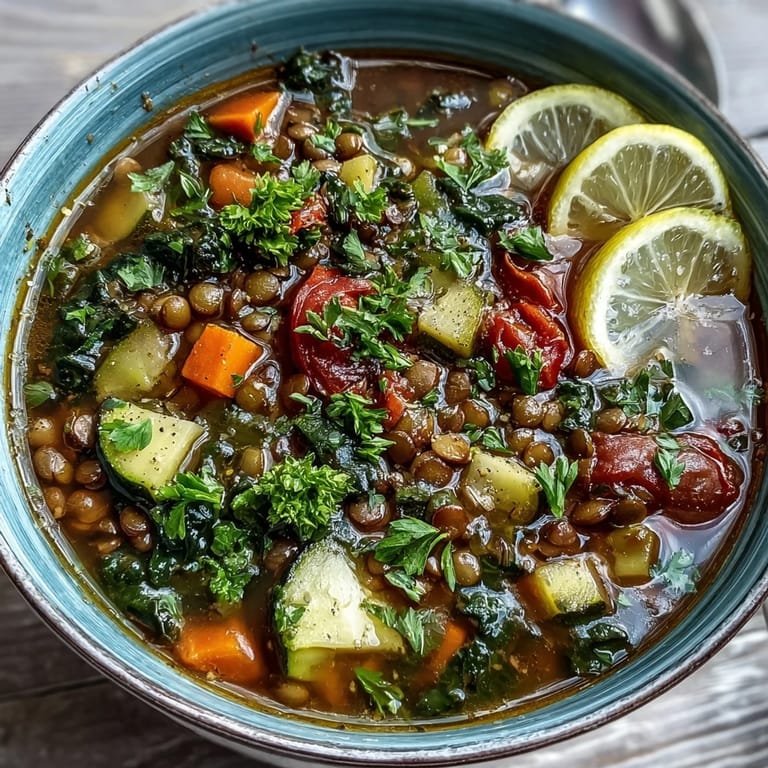 Hearty Lentil Soup with diced zucchini and carrots in a dark stoneware bowl on a rustic table.