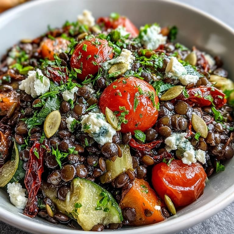 A hearty bowl of warm Black Lentil Salad topped with crumbled feta, fresh parsley, and toasted pumpkin seeds.  