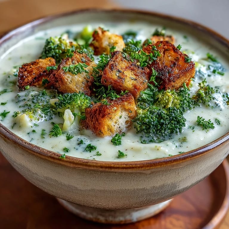 A comforting bowl of Cauliflower and Broccoli Soup garnished with crunchy croutons and fresh parsley, steam rising from the creamy green puree.