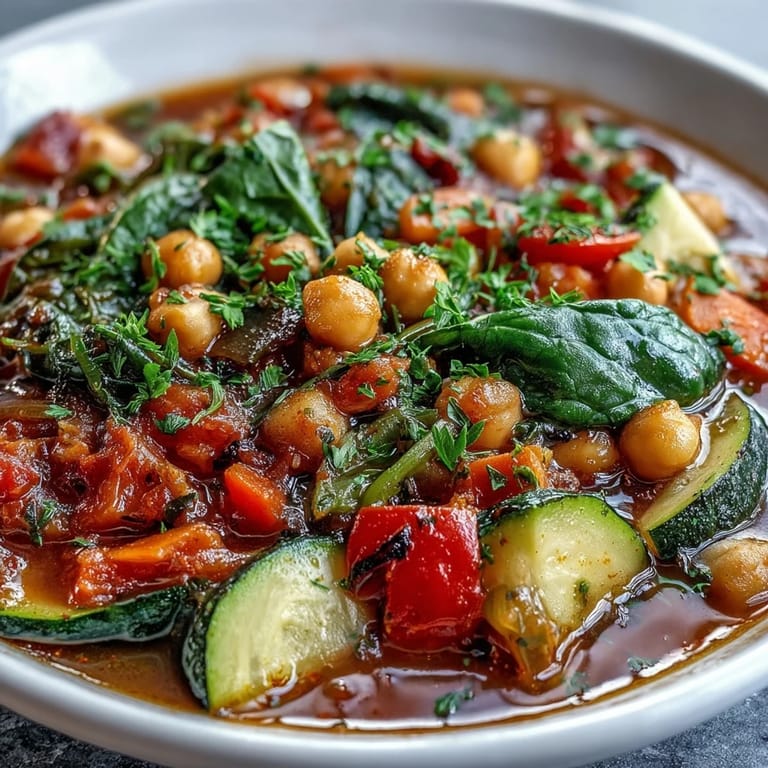 A ladle lifts a hearty serving of Chickpea Stew, featuring chickpeas and zucchini, from a large pot over steam.
