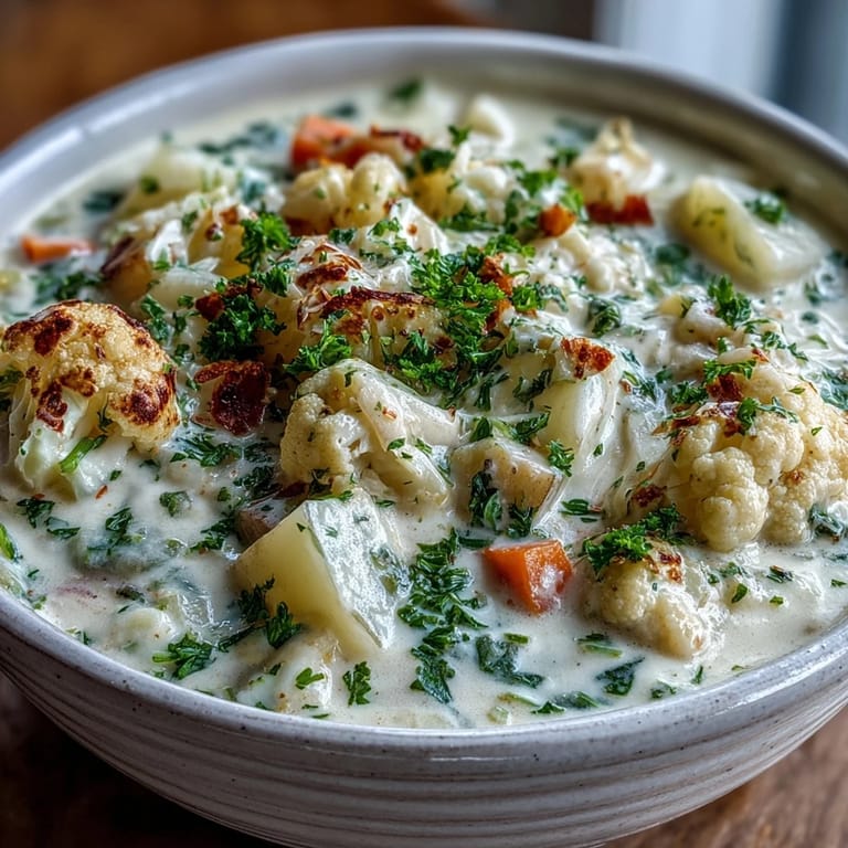 Steaming bowl of Vegetarian Cauliflower Chowder served with crusty bread on a cozy dinner table.