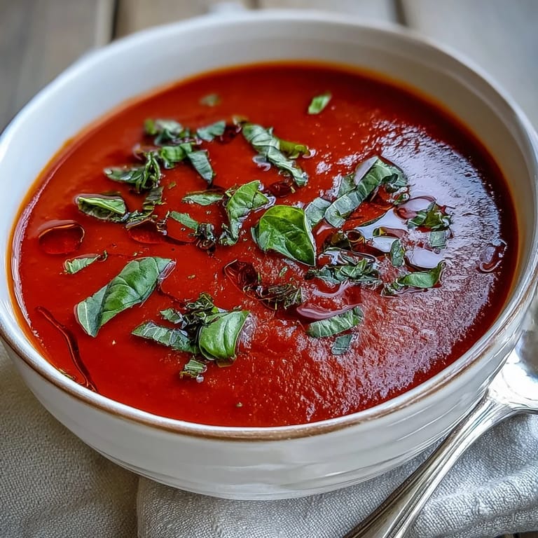 Silky smooth Tomato and Basil Soup in a white ceramic bowl, garnished with a fresh basil sprig and black pepper.