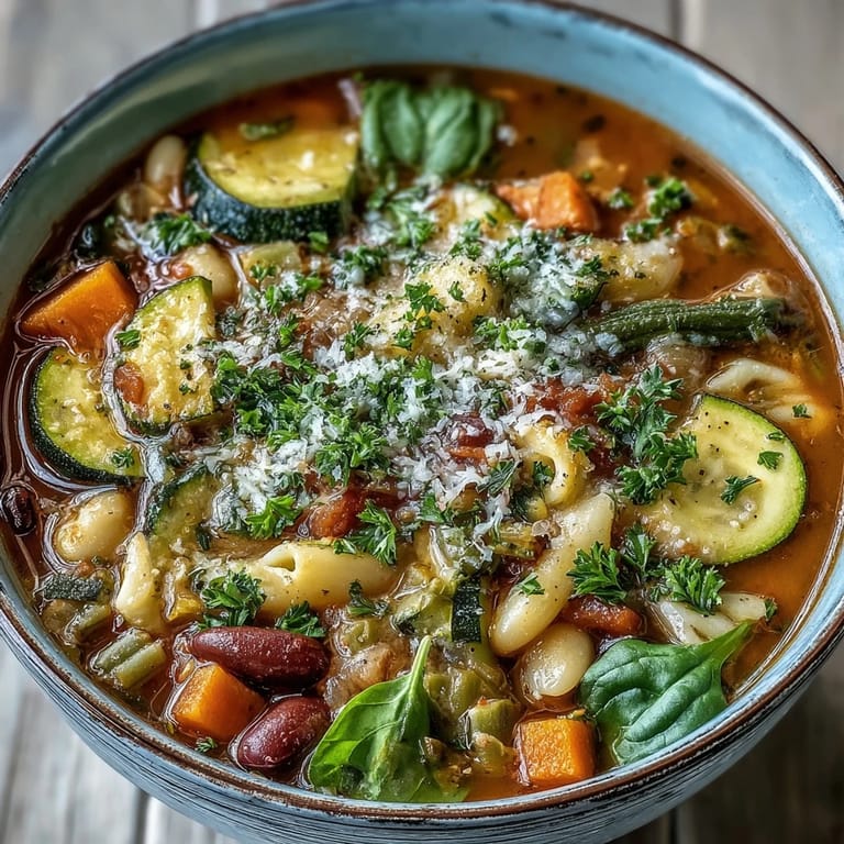 Colorful Minestrone Vegetable Soup simmered with fresh carrots, zucchini, and celery, garnished with parsley and Parmesan.
