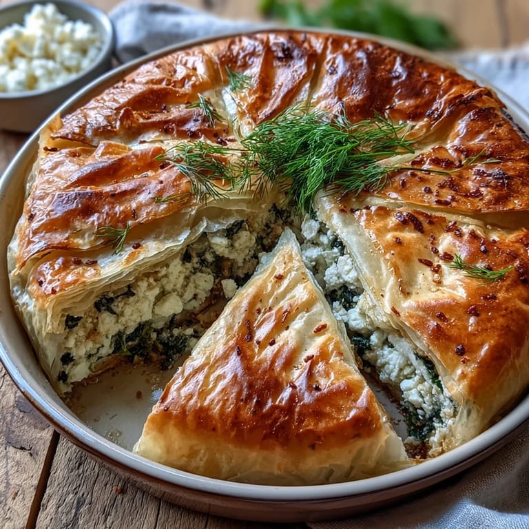 Golden filo pastry Feta and Kale Börek broken open to reveal savory cheese and kale filling