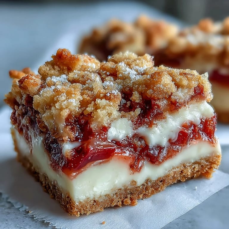 A close up of Rhubarb and Custard Crumble Bars revealing creamy vanilla custard and tangy fruit layers.