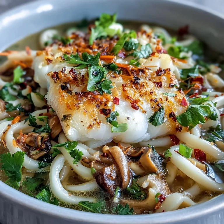 The silky udon noodles soak up the fragrant coconut broth in this close-up of Poached Cod With Spiced Coconut Broth and Udon Noodles. You can see the tender flakes of the fish and julienned carrots.