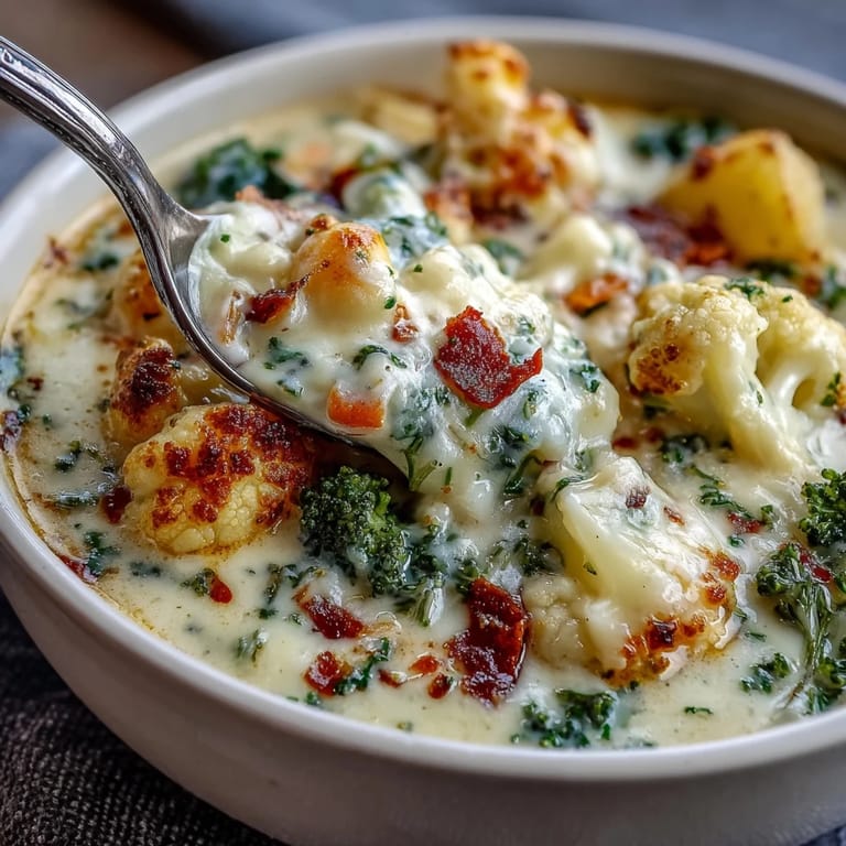 A spoon dips into rich, blended Vegetarian Cauliflower Chowder, highlighting the tender potatoes and carrots.