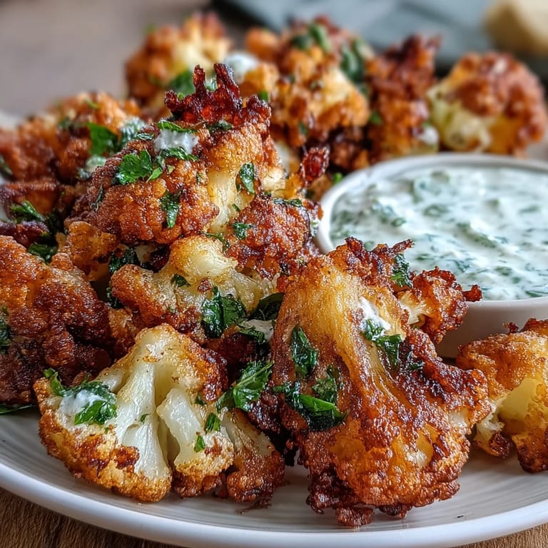 Homemade Cauliflower Bhajis fritters are paired with a refreshing mint yogurt sauce for dipping.