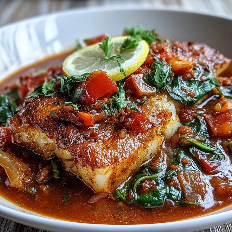 Easy weeknight Spiced Cod One Pot flaky fish and spinach served from a Dutch oven.