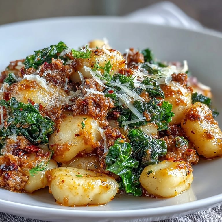 Close up of Sausage Gnocchi with Kale in a skillet, topped with melted Parmesan cheese.