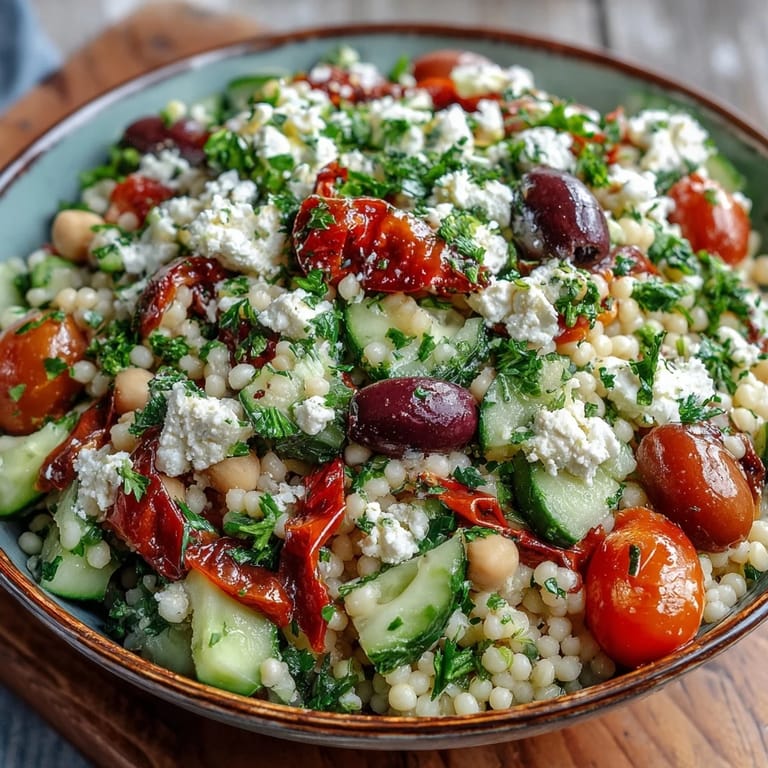 Large bowl of Mediterranean Pearl couscous salad with red onion, kalamata olives, and a zesty red wine vinegar dressing ready to serve.