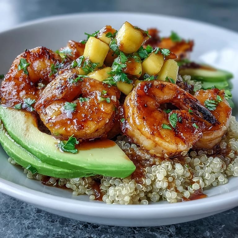 Fresh Shrimp and Creamy Avocado Bowls with Zesty Mango Salsa and Lime Chili Sauce shine with lime wedges for serving in this colorful dinner.