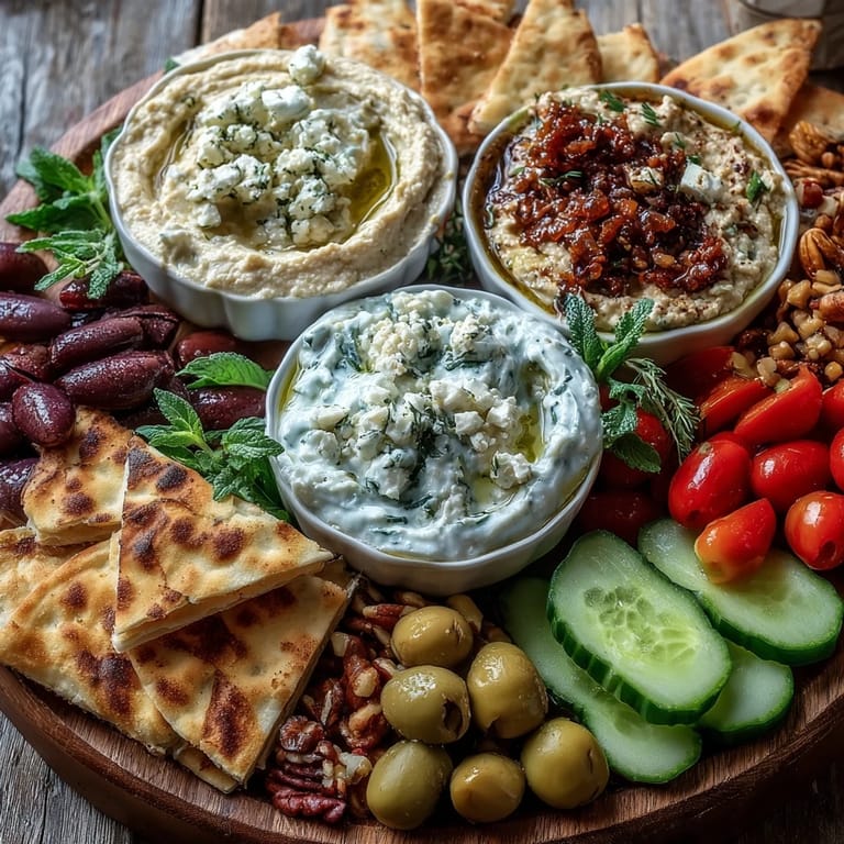 Colorful Mediterranean Brunch Board with Dips and Flatbreads on a wooden platter, topped with briny olives, mixed nuts, and fresh herbs like parsley.