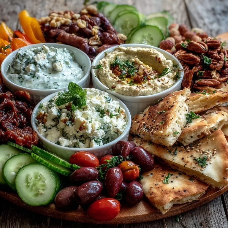 A vibrant Mediterranean Brunch Board with Dips and Flatbreads, featuring warm pita triangles for scooping tangy tzatziki and creamy roasted red pepper dip.