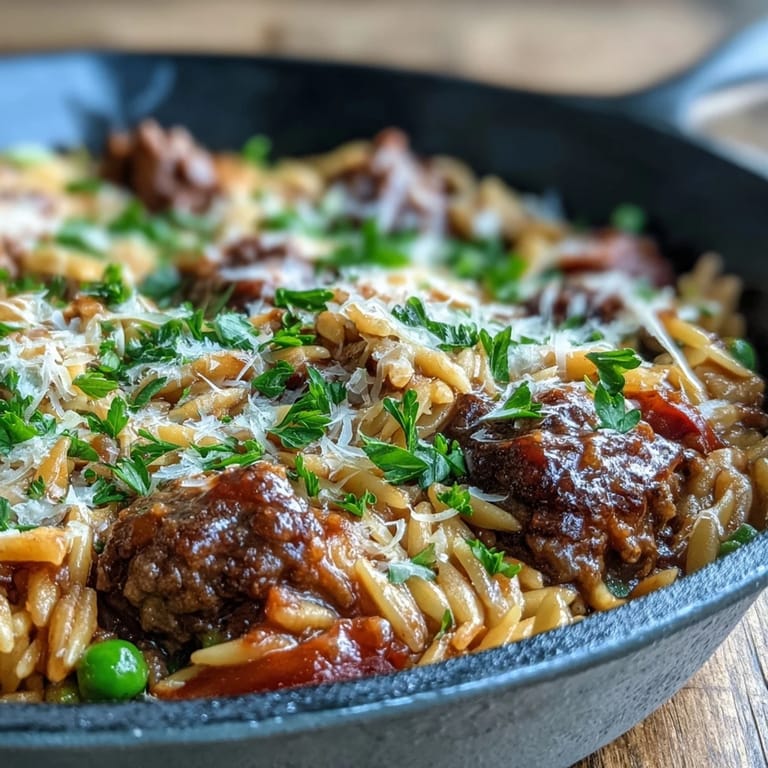 Family-style Comforting Ground Beef Orzo Dinner served steaming from the pan with bright green peas and herbs.