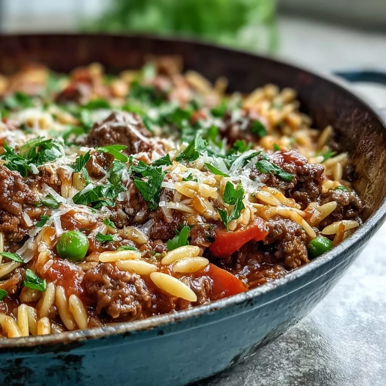 Fork-ready Comforting Ground Beef Orzo Dinner simmering in tomato broth, featuring tender orzo and sweet bell peppers.