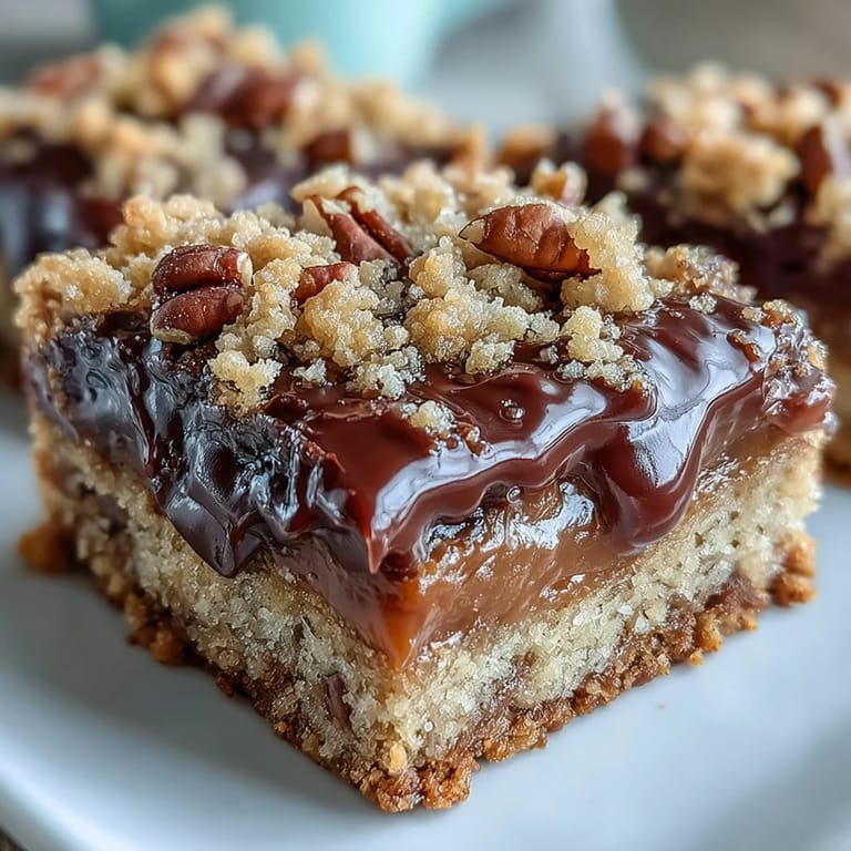 A close-up of Decadent Sweet and Chewy Turtle Bars showcases toasted pecans and drizzle.