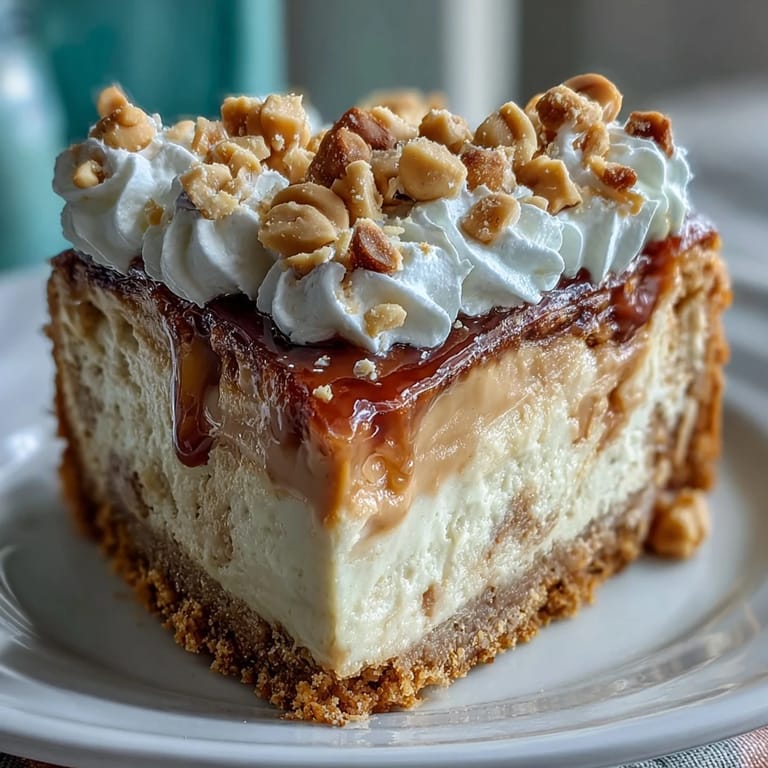 Whole Nutter Butter cheesecake decorated with whipped cream rosettes and chopped peanuts, ready to slice for a party dessert.