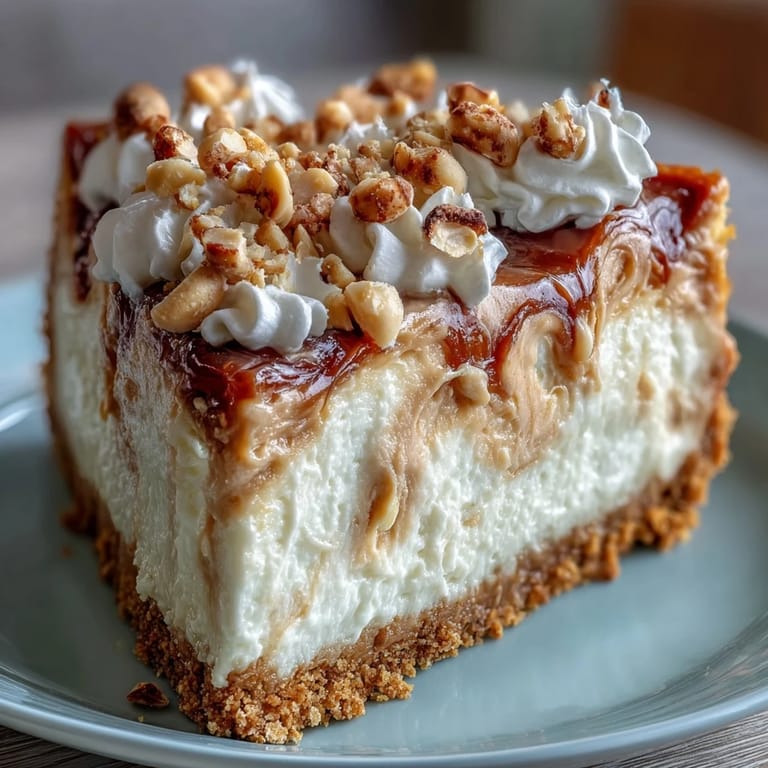 Nutter Butter cheesecake slice on a white plate showing a creamy peanut butter swirl, garnished with crushed cookies and a drizzle.