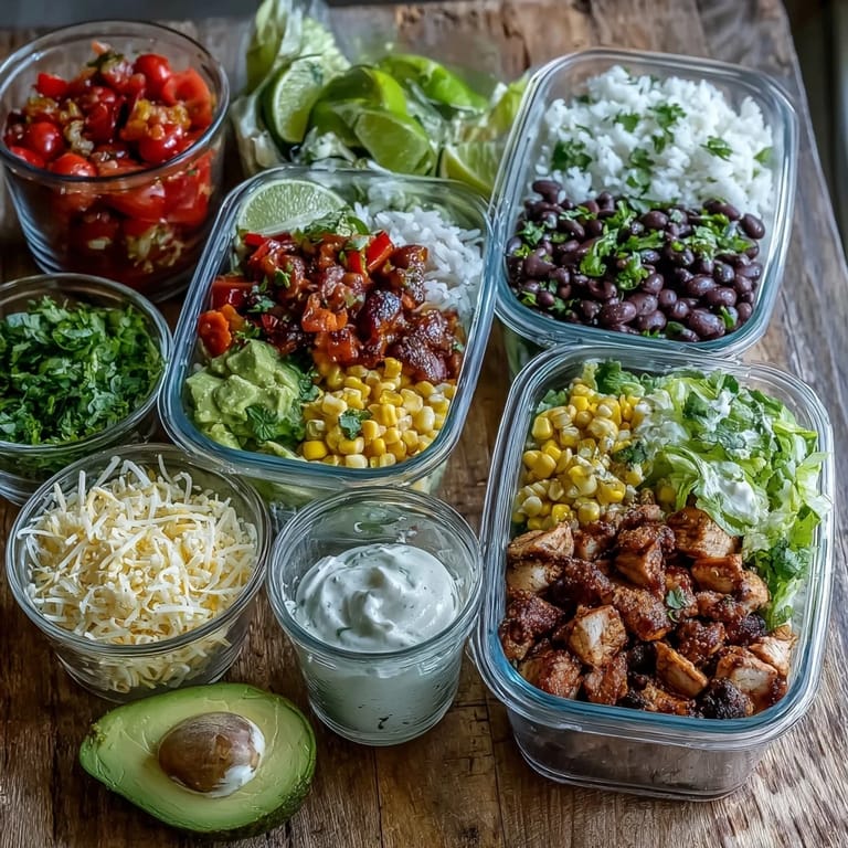Colorful Meal Prep Burrito Bowl Base with sautéed peppers, corn, and fresh toppings ready for weekly meal planning.