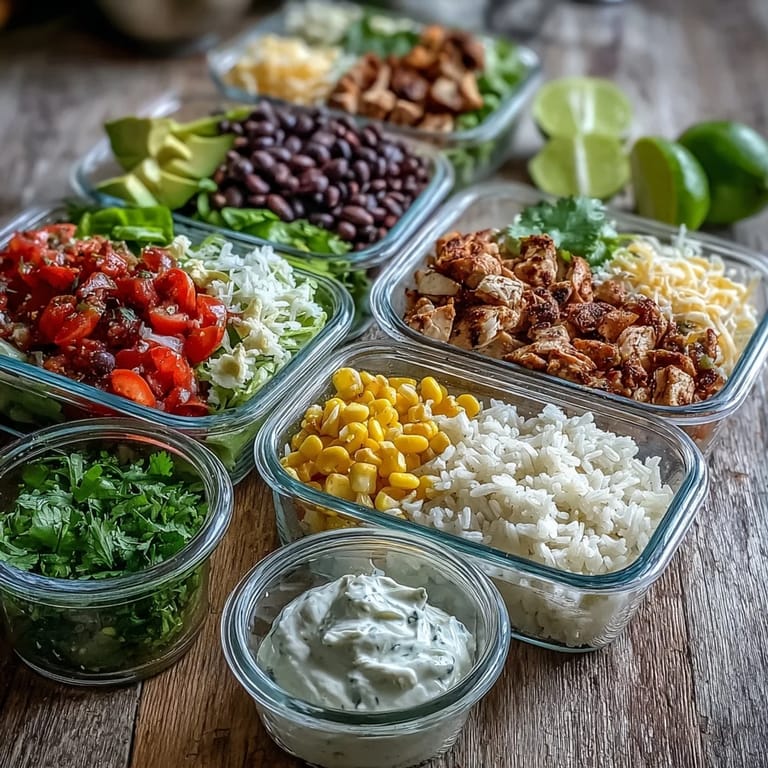 Customizable Meal Prep Burrito Bowl Base with avocado, pico de gallo, and shredded cheese on a rustic table.