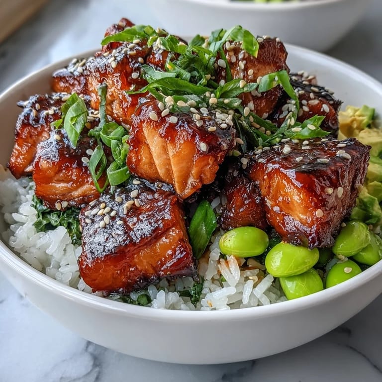 Nutritious Salmon Rice Bowl served in a ceramic bowl, featuring marinated salmon, crisp vegetables, and creamy avocado for a balanced meal.