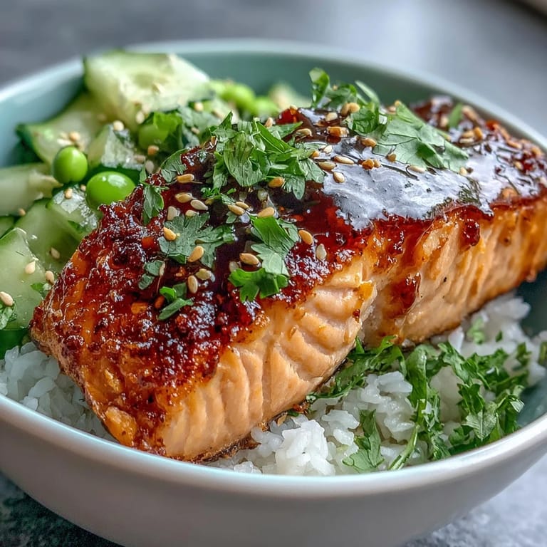 A close-up of a Bang Bang Salmon Bowl showing golden salmon, fresh greens, and a spicy white drizzle.