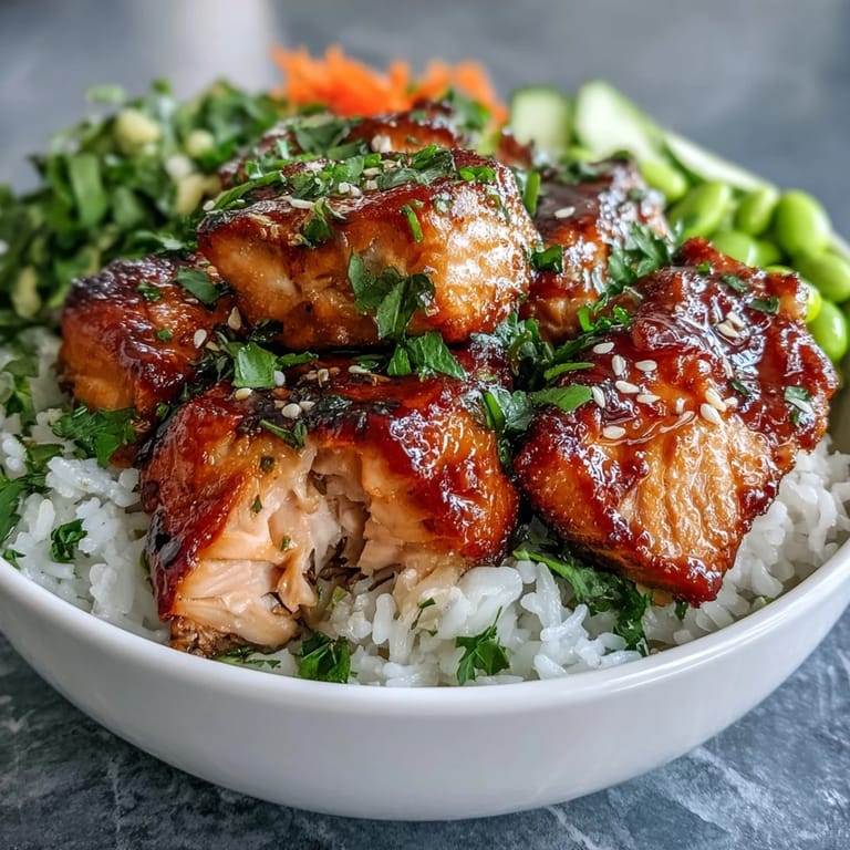 Healthy Baked Salmon Rice Bowl with avocado slices and edamame, drizzled with creamy sriracha mayo and sprinkled with toasted sesame seeds.