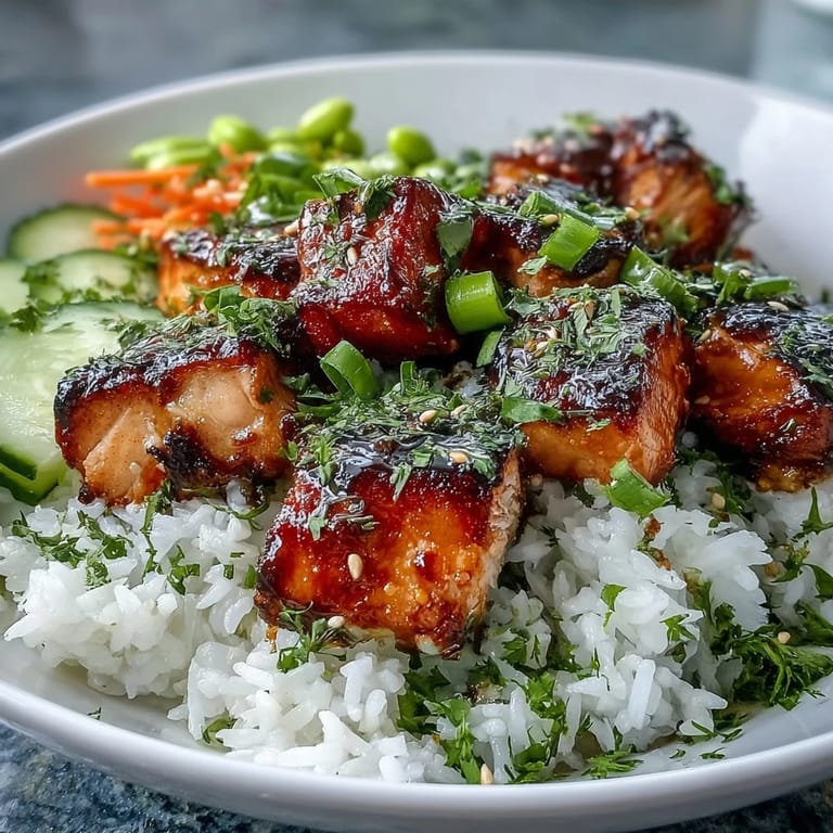Serve this colorful Baked Salmon Rice Bowl with lime wedges, fresh green onions, and pickled ginger for a zesty, Asian-inspired dinner.