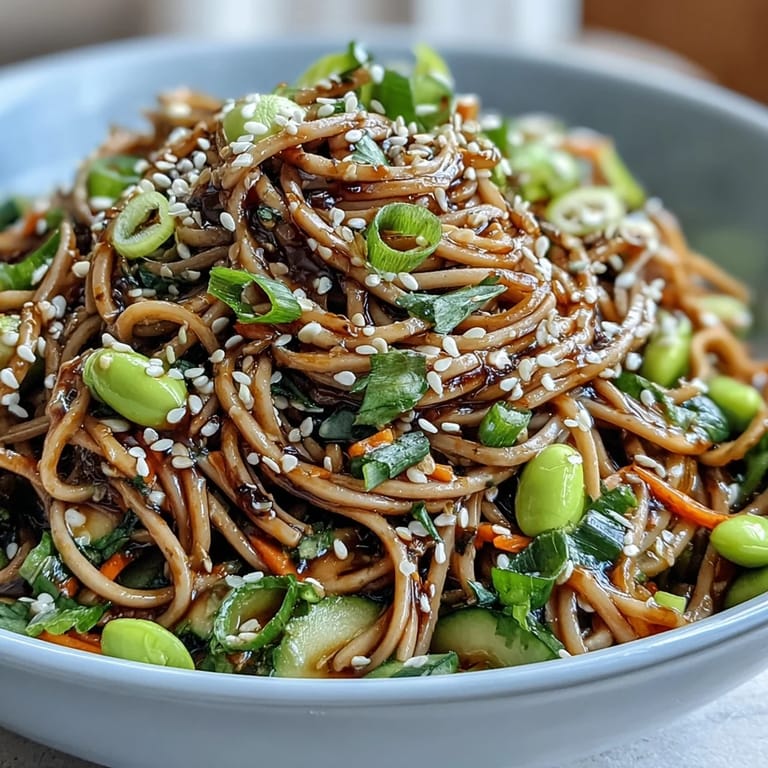 A refreshing and nutritious soba noodle bowl with buckwheat noodles, protein-rich edamame, and a flavorful sesame dressing, ideal for lunch or dinner.