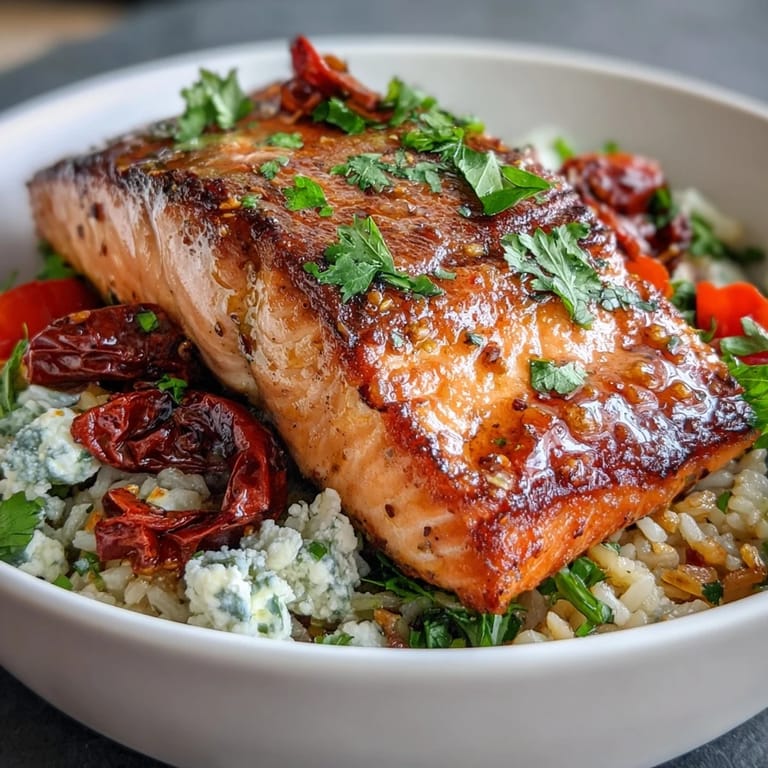 Pan-seared salmon fillets served over golden crispy rice with sun-dried tomatoes, baby bell peppers, and fresh cilantro.