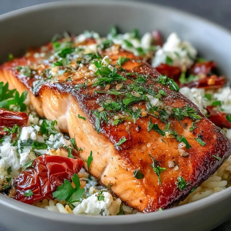Wholesome Mediterranean salmon bowl topped with flaky salmon, sautéed peppers, sun-dried tomatoes, feta, and a lemon wedge.
