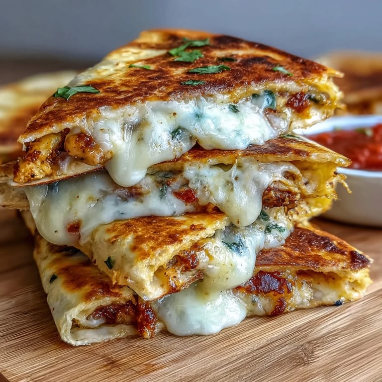 Cheesy, golden-brown quesadilla wedges with bell pepper and spinach, served alongside a fresh tomato and onion salsa for dipping.