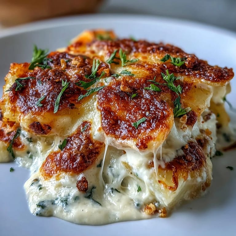 Baked Creamy Au Gratin Potatoes with bubbly Gruyère cheese and rich cream sauce in a casserole dish.