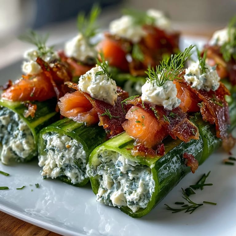 Close-up of a plated cucumber and smoked salmon appetizer on a wooden serving board.