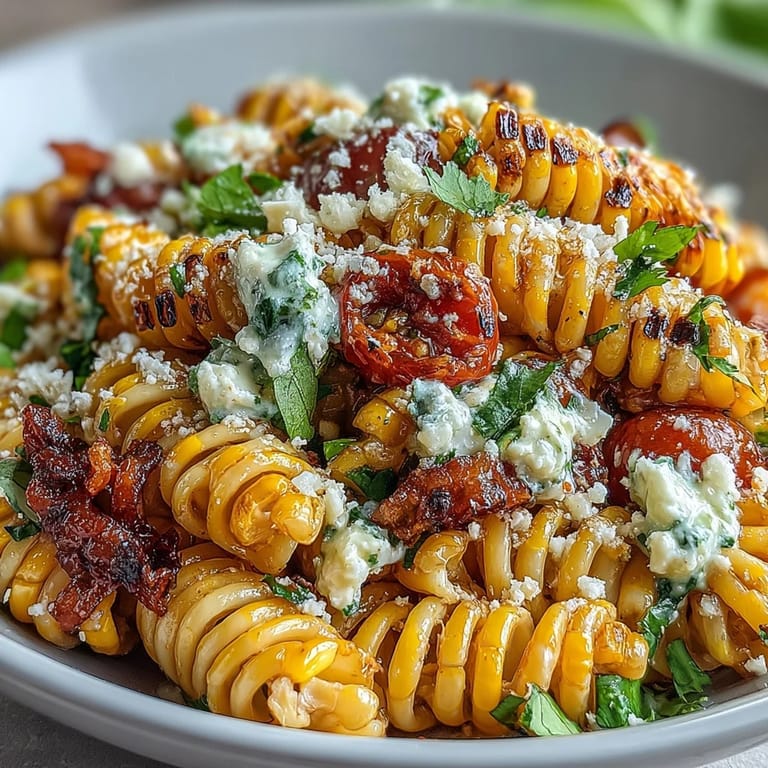 A colorful Mexican Street Corn Elote Pasta Salad featuring grilled corn, zesty lime dressing, and crumbled cotija cheese, served chilled.