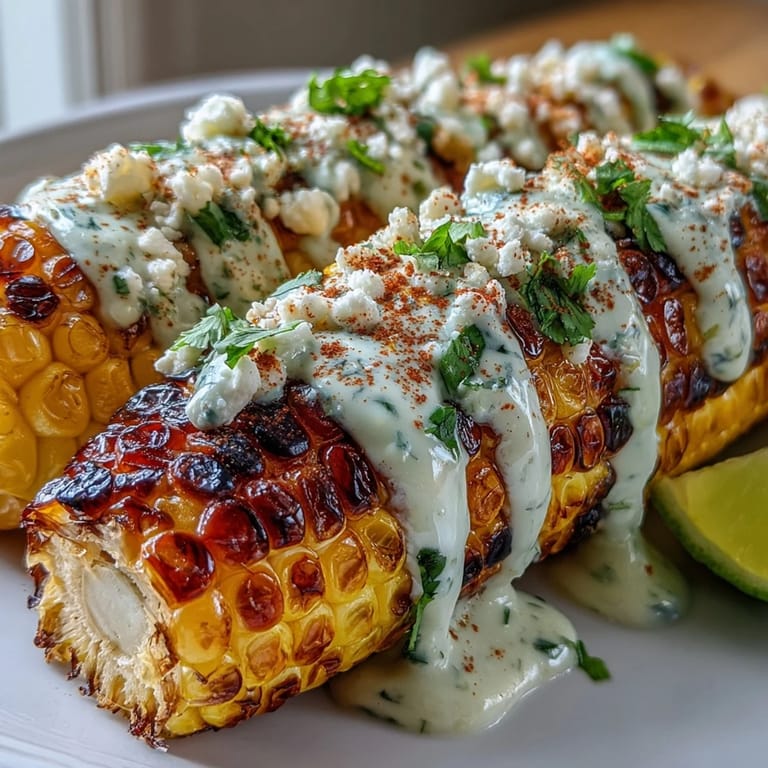 Charred corn on the cob coated in rich, creamy elote sauce, sprinkled with chili and Cotija for bold, zesty taste.