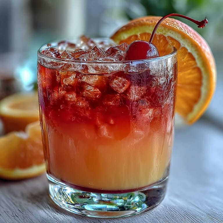 A non-alcoholic sunrise mocktail garnished with orange slices and cherries, perfect for parties or brunch.