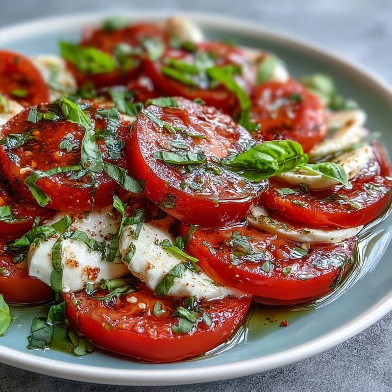 Vibrant Caprese salad featuring ripe heirloom tomatoes, soft mozzarella, and aromatic basil oil for a perfect summer appetizer.  