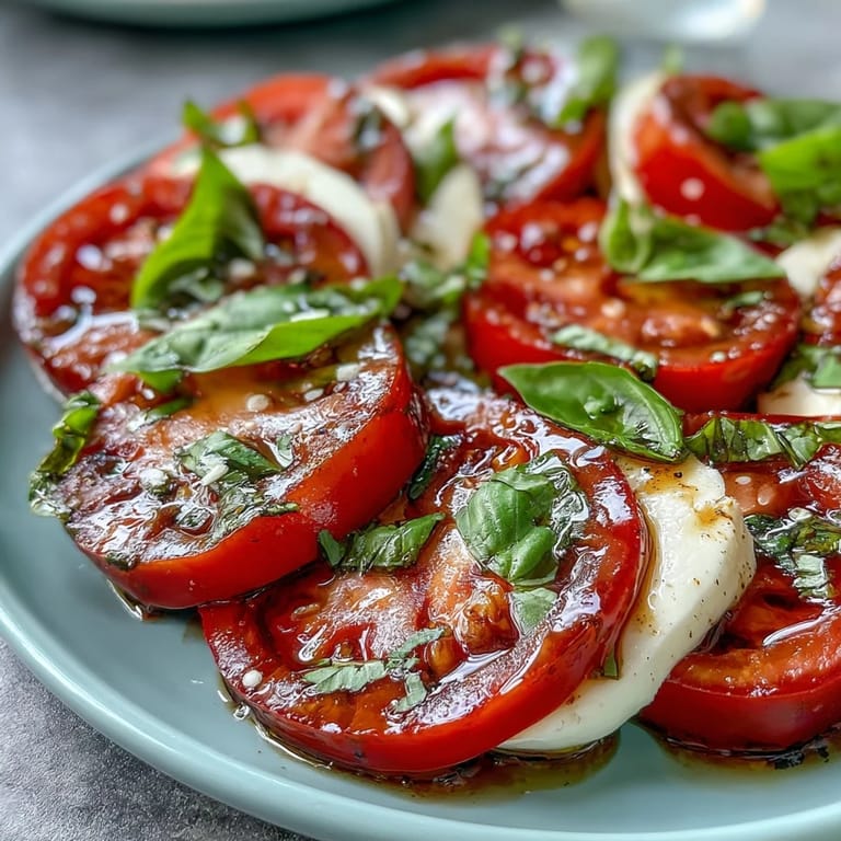 Classic Caprese salad with fresh tomatoes, mozzarella, and basil oil drizzle, arranged beautifully for an Italian-inspired side dish.