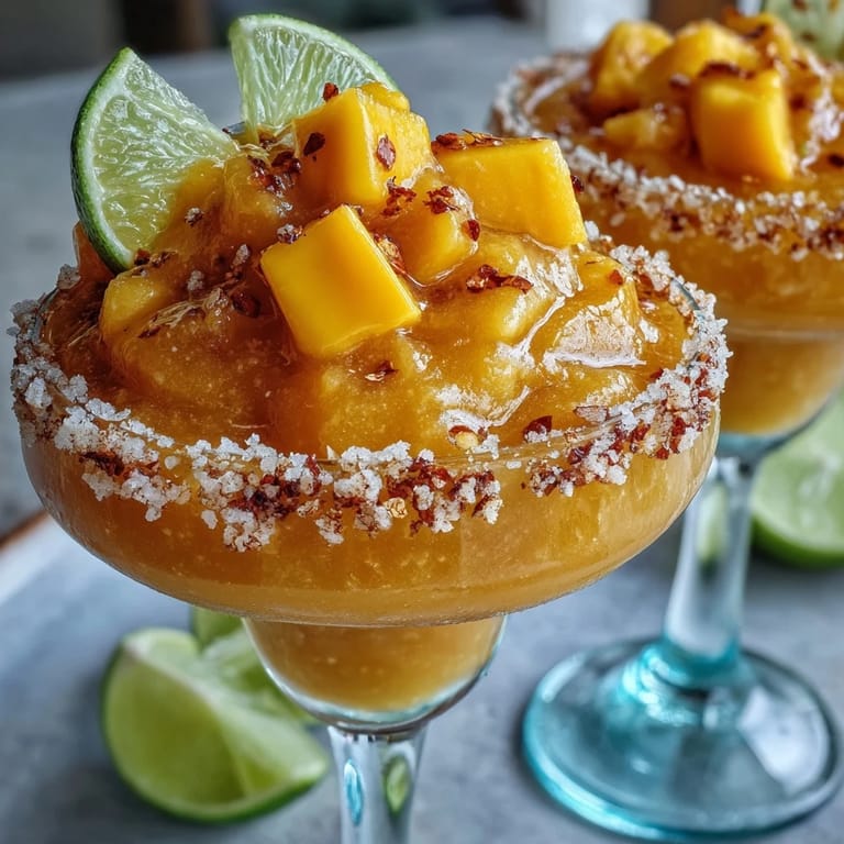 Two glasses of vibrant frozen mango margarita mocktail, garnished with lime and Tajín for a zesty kick.  