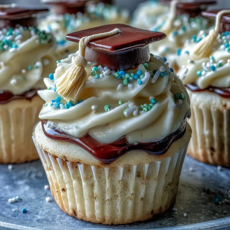 Celebrate achievements with adorable vanilla cupcakes topped with buttercream and fondant graduation caps, perfect for any graduation party.