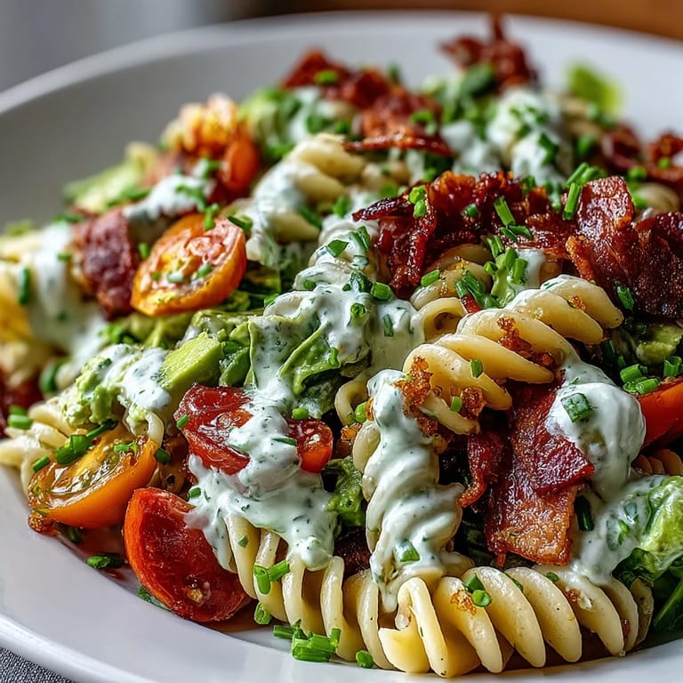 Creamy avocado ranch BLT pasta salad, loaded with crispy bacon, cherry tomatoes, and romaine lettuce for a refreshing summer meal.